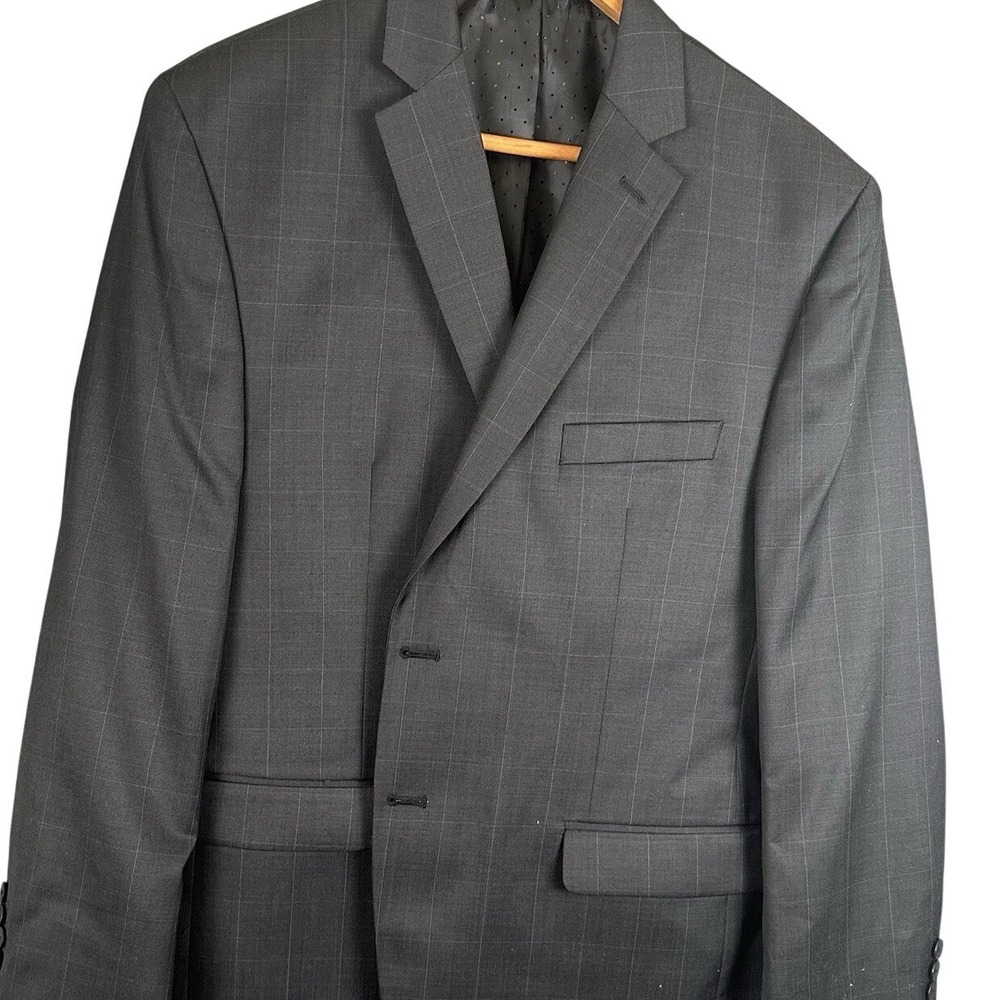 Collection by Michael Strahan Men Grey Windowpane Plaid Two Button Blazer Jacket
